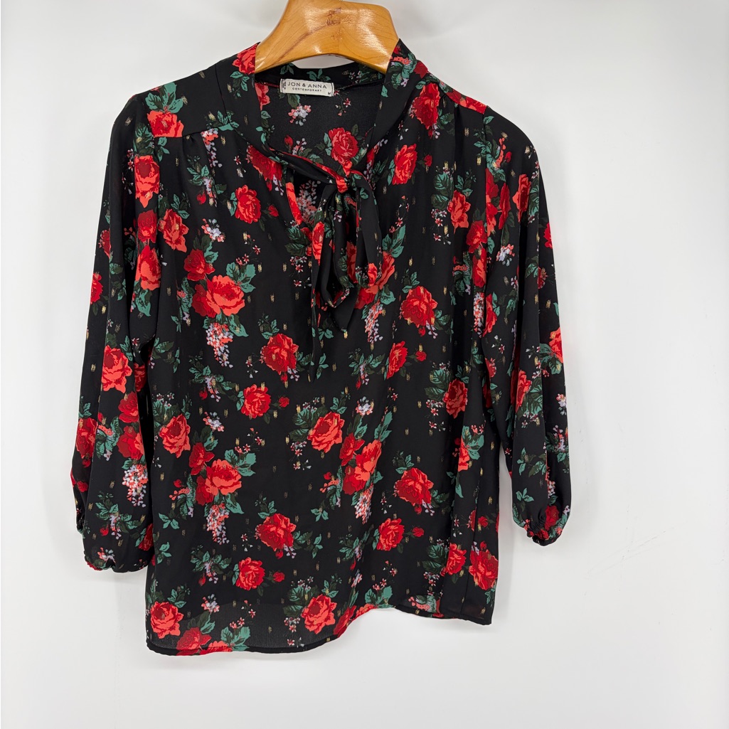 Jon & Anna Womens Top Floral Blouse Red Black Gold Tie-Neck Sheer Flowy Romantic